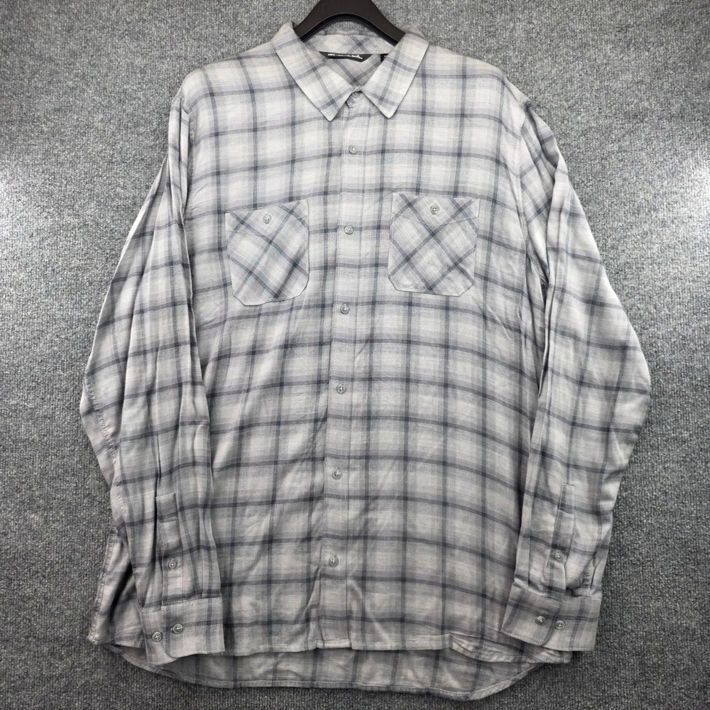 TravisMathew Mens XXL Grey Blue Plaid Rayon Cotton Long Sleeve Button Down Shirt